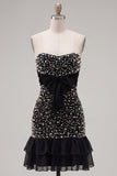 Vestido de Regresso a Casa Preto, Bodycon Bodycon, Pérola Arrumada, Folhoso e Laço