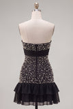 Vestido de Regresso a Casa Preto, Bodycon Bodycon, Pérola Arrumada, Folhoso e Laço