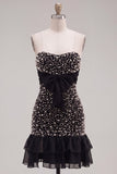 Vestido de Regresso a Casa Preto, Bodycon Bodycon, Pérola Arrumada, Folhoso e Laço