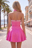 Vestido Curto de Regresso a Casa Adornado com Pérolas Azuis, Gargantilha e Laço
