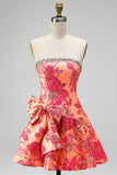 Vestido Curto de Regresso a Casa Jacquard Laranja Linha A Sem Alças com Folhos e Laço