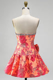 Vestido Curto de Regresso a Casa Jacquard Laranja Linha A Sem Alças com Folhos e Laço