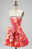 Vestido Curto de Regresso a Casa Jacquard Laranja Linha A Sem Alças com Folhos e Laço