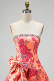 Vestido Curto de Regresso a Casa Jacquard Laranja Linha A Sem Alças com Folhos e Laço