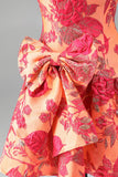 Vestido Curto de Regresso a Casa Jacquard Laranja Linha A Sem Alças com Folhos e Laço