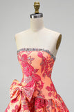 Vestido Curto de Regresso a Casa Jacquard Laranja Linha A Sem Alças com Folhos e Laço