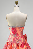Vestido Curto de Regresso a Casa Jacquard Laranja Linha A Sem Alças com Folhos e Laço