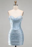 Espartilho Bodycon Cinzento-Azul, Pérolas com Missangas, Vestido Curto de Boas-Vindas