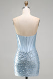 Espartilho Bodycon Cinzento-Azul, Pérolas com Missangas, Vestido Curto de Boas-Vindas