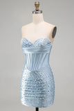 Espartilho Bodycon Cinzento-Azul, Pérolas com Missangas, Vestido Curto de Boas-Vindas