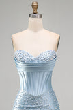 Espartilho Bodycon Cinzento-Azul, Pérolas com Missangas, Vestido Curto de Boas-Vindas