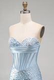 Espartilho Bodycon Cinzento-Azul, Pérolas com Missangas, Vestido Curto de Boas-Vindas