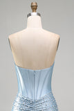 Espartilho Bodycon Cinzento-Azul, Pérolas com Missangas, Vestido Curto de Boas-Vindas