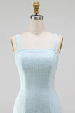 Vestido curto de regresso ao laço de strass com gola quadrada azul claro e decote quadrado