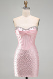 Espartilho cor-de-rosa brilhante com missangas, vestido curto de pérola em forma de pérola com strass