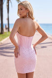 Espartilho cor-de-rosa brilhante com missangas, vestido curto de pérola em forma de pérola com strass