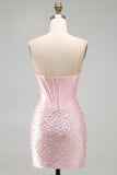 Espartilho cor-de-rosa brilhante com missangas, vestido curto de pérola em forma de pérola com strass