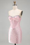 Espartilho cor-de-rosa brilhante com missangas, vestido curto de pérola em forma de pérola com strass
