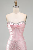 Espartilho cor-de-rosa brilhante com missangas, vestido curto de pérola em forma de pérola com strass