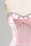 Espartilho cor-de-rosa brilhante com missangas, vestido curto de pérola em forma de pérola com strass