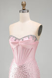 Espartilho cor-de-rosa brilhante com missangas, vestido curto de pérola em forma de pérola com strass