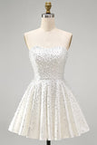 Vestido branco de Mini-Pérola com Pérolas A Line, Branco Sem Alças e Folhos