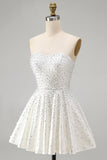 Vestido branco de Mini-Pérola com Pérolas A Line, Branco Sem Alças e Folhos