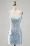 Espartilho azul Bodycon com decote em V com corte perolado, vestido curto pérola