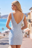 Espartilho azul Bodycon com decote em V com corte perolado, vestido curto pérola