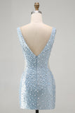 Espartilho azul Bodycon com decote em V com corte perolado, vestido curto pérola