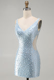 Espartilho azul Bodycon com decote em V com corte perolado, vestido curto pérola