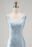 Espartilho azul Bodycon com decote em V com corte perolado, vestido curto pérola