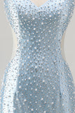 Espartilho azul Bodycon com decote em V com corte perolado, vestido curto pérola