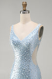 Espartilho azul Bodycon com decote em V com corte perolado, vestido curto pérola