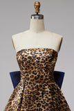 Vestido curto de regresso a casa sem alças com padrão de leopardo castanho, com laço nas costas oversized
