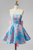 Vestido curto azul Jacquard A-Line Strapless Short Homecoming com laço