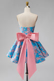 Vestido curto azul Jacquard A-Line Strapless Short Homecoming com laço