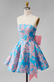 Vestido curto azul Jacquard A-Line Strapless Short Homecoming com laço