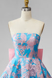 Vestido curto azul Jacquard A-Line Strapless Short Homecoming com laço