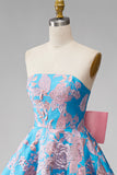 Vestido curto azul Jacquard A-Line Strapless Short Homecoming com laço