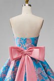 Vestido curto azul Jacquard A-Line Strapless Short Homecoming com laço