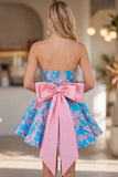 Vestido curto azul Jacquard A-Line Strapless Short Homecoming com laço