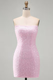 Vestido Curto de Regresso ao Casamento Corredor Cor-de-Rosa Rosa Cintilante