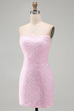 Vestido Curto de Regresso ao Casamento Corredor Cor-de-Rosa Rosa Cintilante