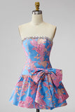 Vestido Curto de Regresso a Casa Azul Jacquard Strapless A-Line com Folhos e Laço