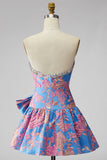 Vestido Curto de Regresso a Casa Azul Jacquard Strapless A-Line com Folhos e Laço