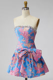 Vestido Curto de Regresso a Casa Azul Jacquard Strapless A-Line com Folhos e Laço