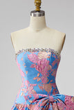 Vestido Curto de Regresso a Casa Azul Jacquard Strapless A-Line com Folhos e Laço
