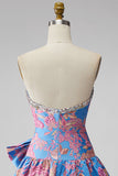 Vestido Curto de Regresso a Casa Azul Jacquard Strapless A-Line com Folhos e Laço