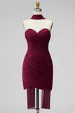 Vestido Curto de Regresso a Casa Borgonha, Bodycon Strapless Bodycon em Chiffon, Vestido Curto de Regresso a Casa com Faixa de Pescoço Drapeado